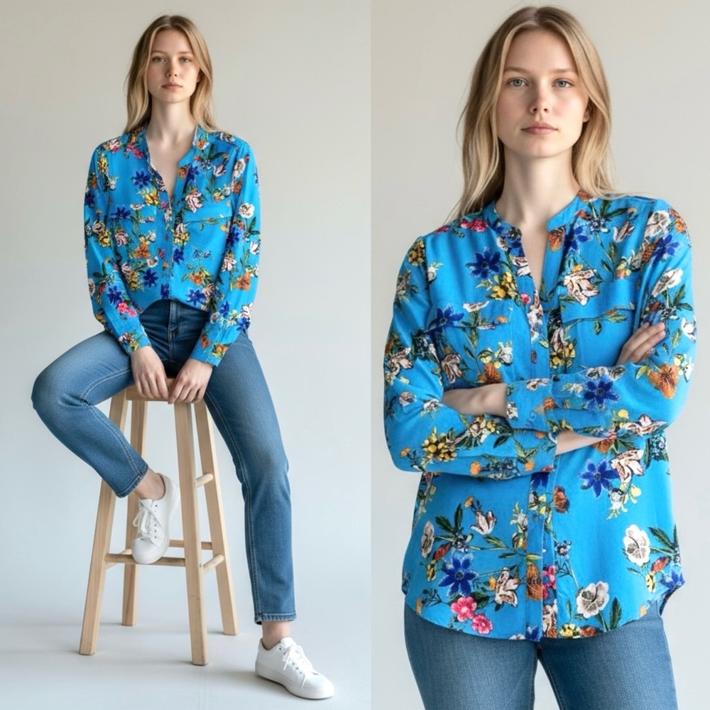 Calvin Klein Georgette Floral Blouse Roll-Sleeves Pockets Long Sleeve Blue - Picture 6 of 10